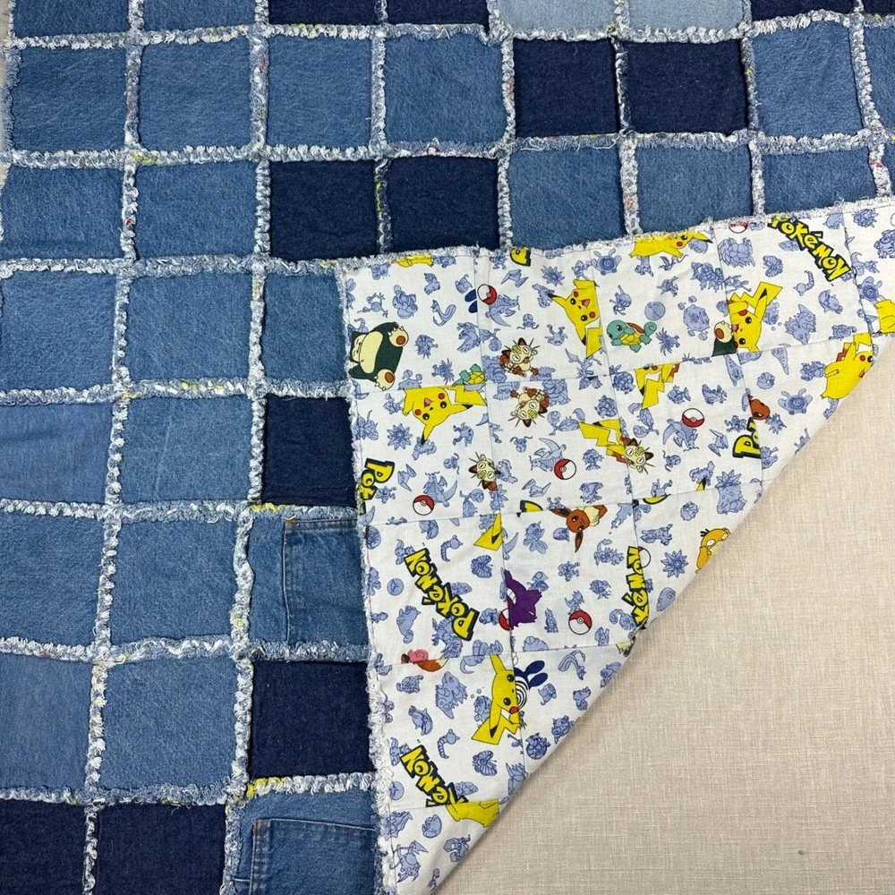 Handmade Pokémon Rag Quilt Denim Patchwork Lap Throw Blanket 40